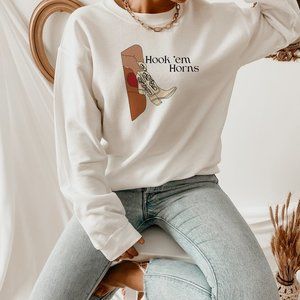 Burnt Orange and Ivory Hook 'em Horns Cowgirl Boots Western Sweatshirt